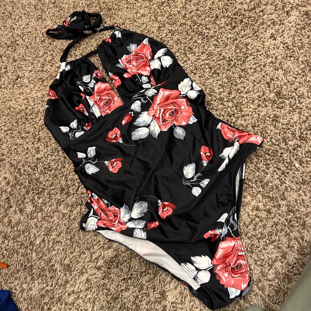 Black Floral One Piece Bikini